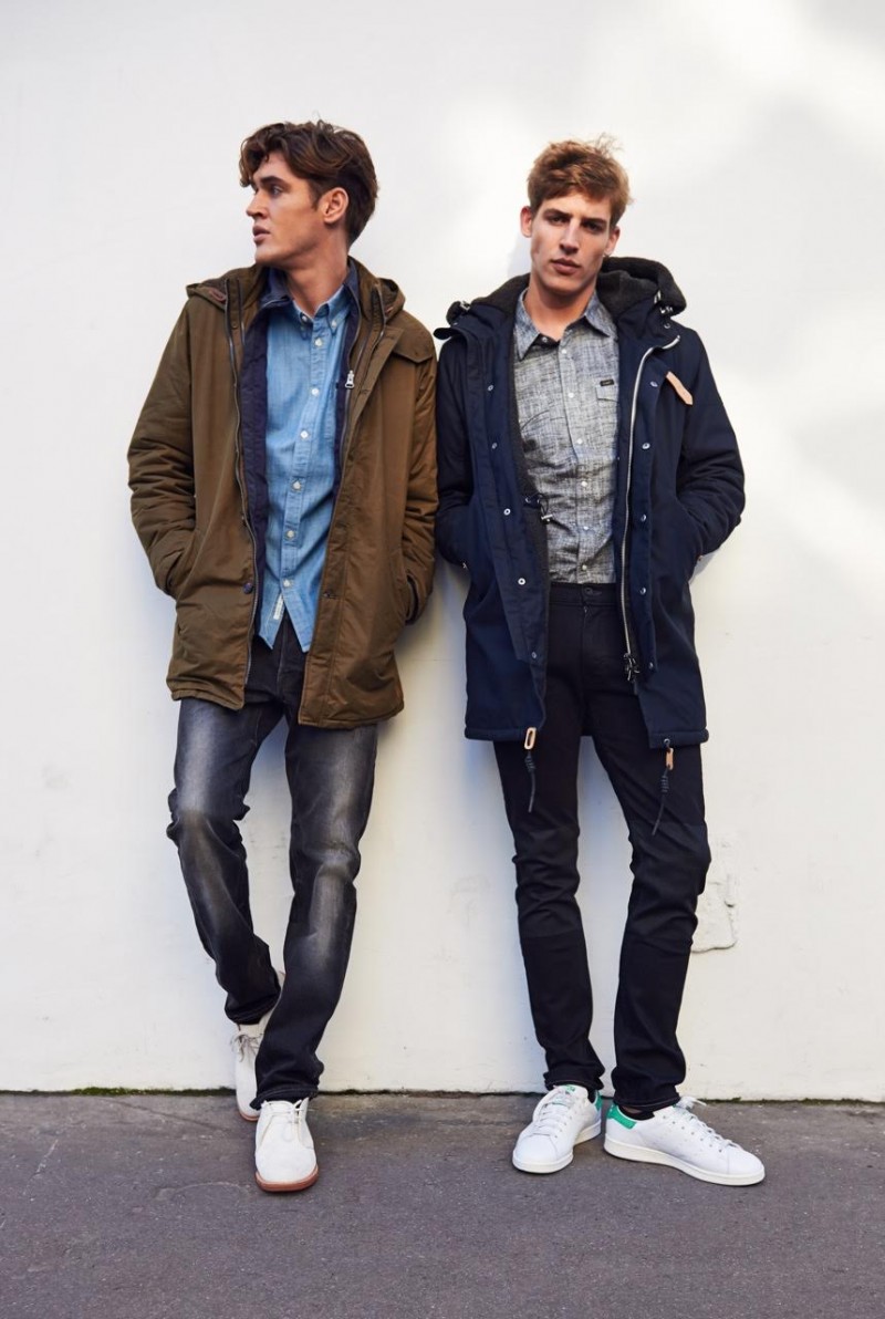 Isaac Carew and Jelle Smid model Lee slim-fit denim jeans with parkas.