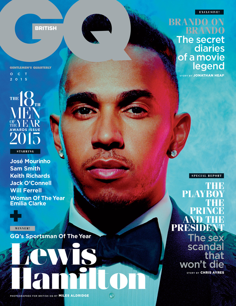 British GQ's 2015 'Sportsman of the Year', racer Lewis Hamilton covers the magazine's October 2015 issue. Donning a luxurious tuxedo, Hamilton poses for a striking portrait by photographer Miles Aldridge.
