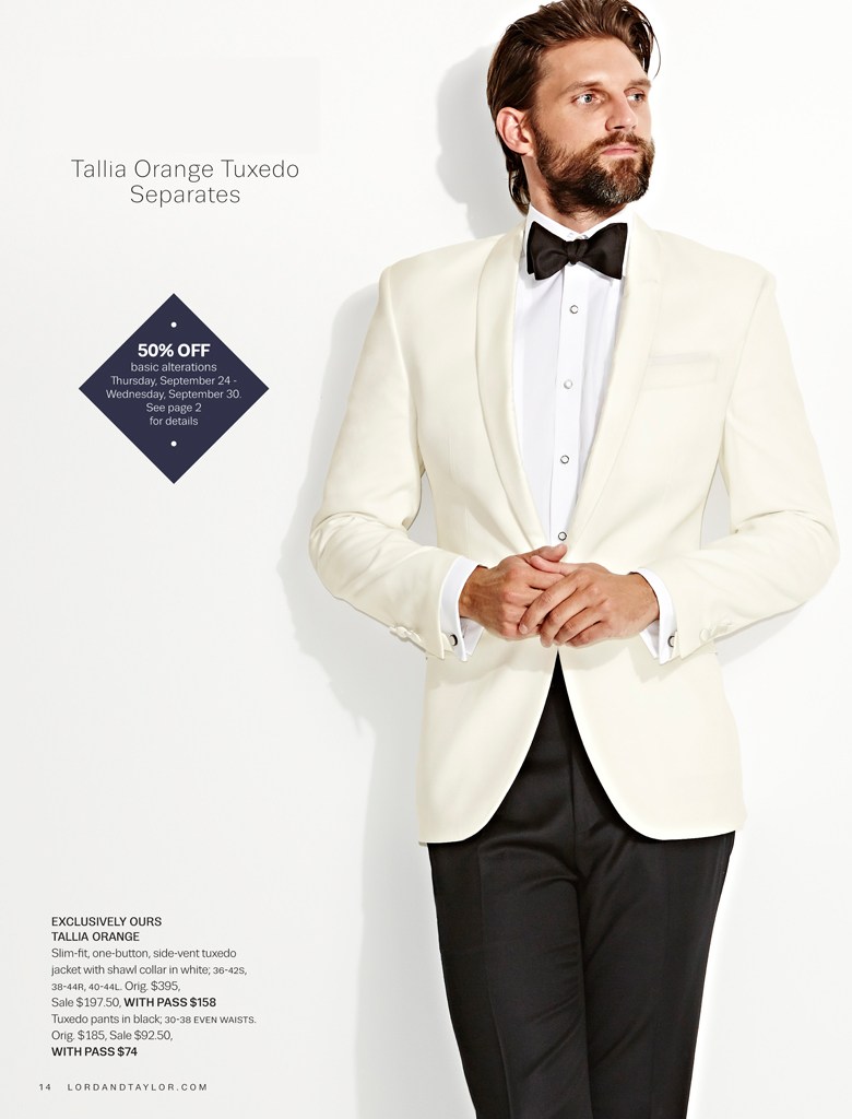 RJ Rogenski cleans up in a white tuxedo jacket for Lord & Taylor.