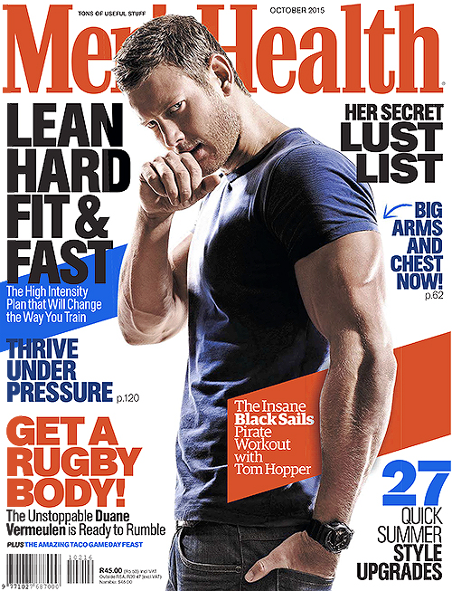 Tom Hopper covers the October 2015 issue of Men's Health South Africa