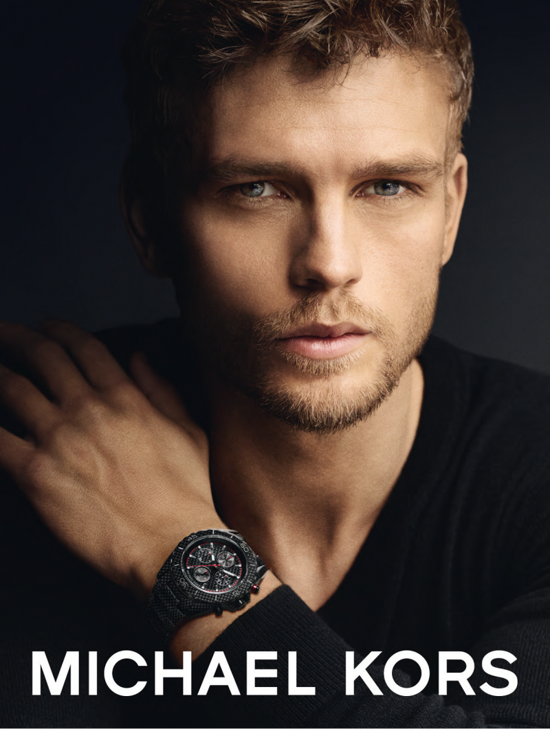 After appearing in Michael Kors' Jetmaster timepiece campaign for spring, model Benjamin Eidem reunites with the label for fall. Photographed for a new campaign, Benjamin poses for a striking close-up, lensed by fashion photographer Mario Testino.