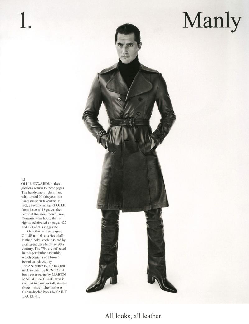 Ollie Edwards stars in a leather fashion story for Fantastic Man.