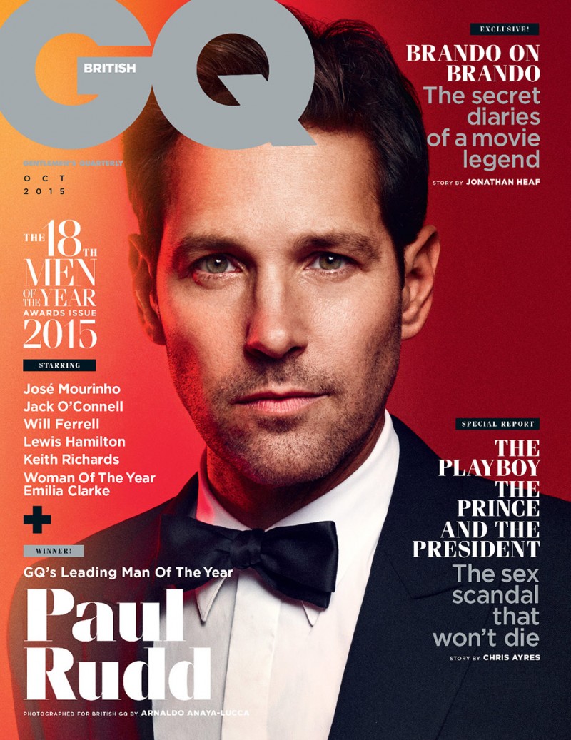 British GQ's Leading Man of the Year, Paul Rudd snags a cover for the magazine's October 2015 issue. Styled by Michael Fisher, Rudd is photographed by Arnaldo Anaya-Lucca. Going formal, Rudd dons a fine suit from Givenchy as he poses for pictures. Discussing Netflix's reboot of Wet Hot American Summer and the original, Rudd shares, "The original was the most fun I've had on anything ever. We were actually there shooting it–it was like being at camp. Whoever wasn't filming that day had to do the half-hour beer run to the local store, and every night we would have a party."