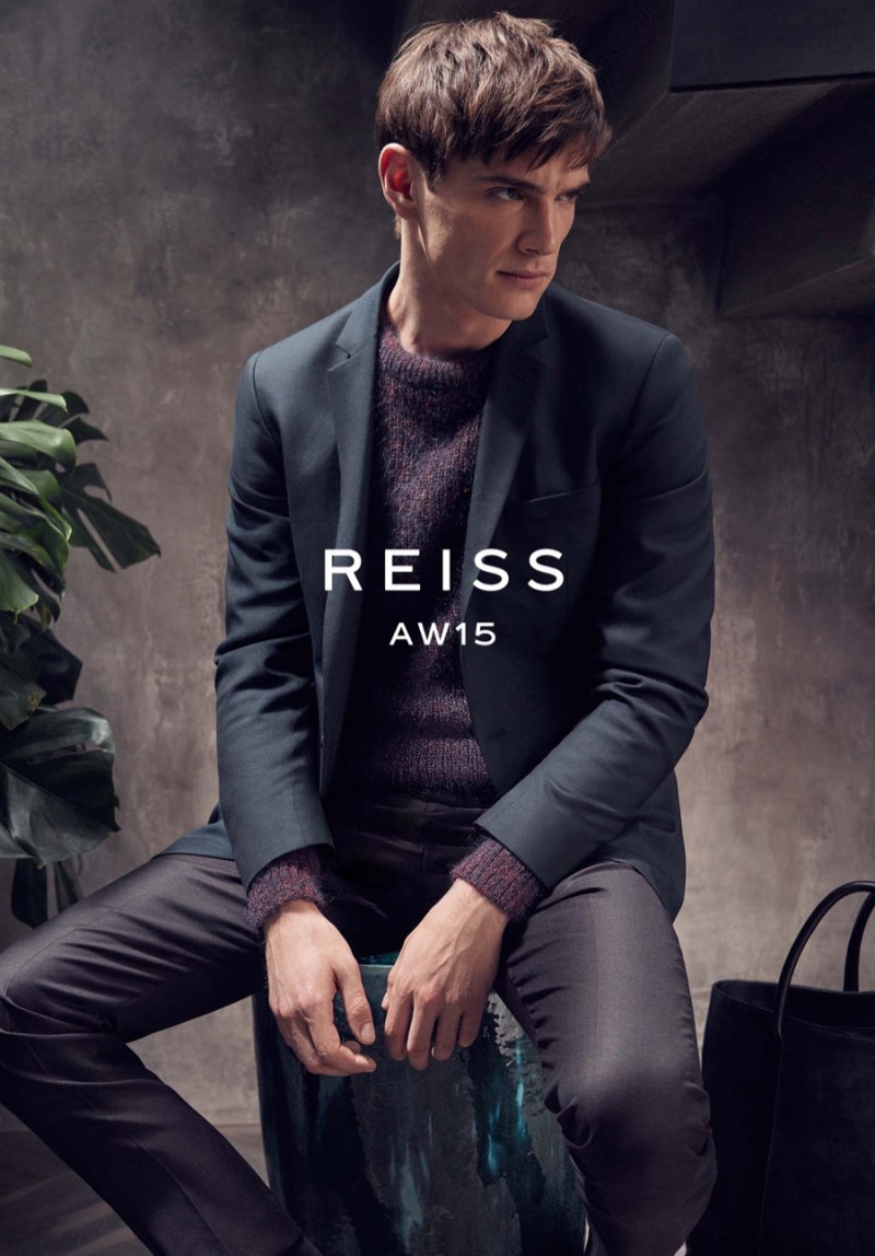 Julien Sabaud dons a sweater with a blazer for Reiss' fall-winter 2015 campaign.