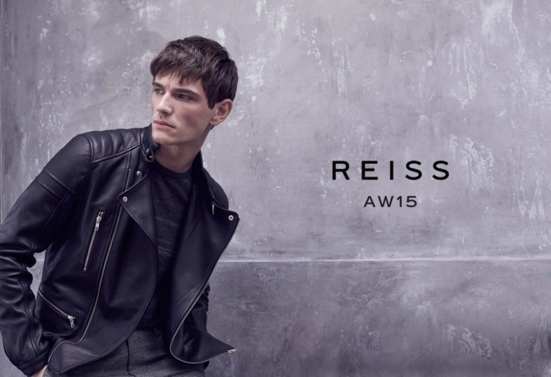 Showing off a cool edge, Julien Sabaud rocks a leather jacket for Reiss' fall-winter 2015 campaign.