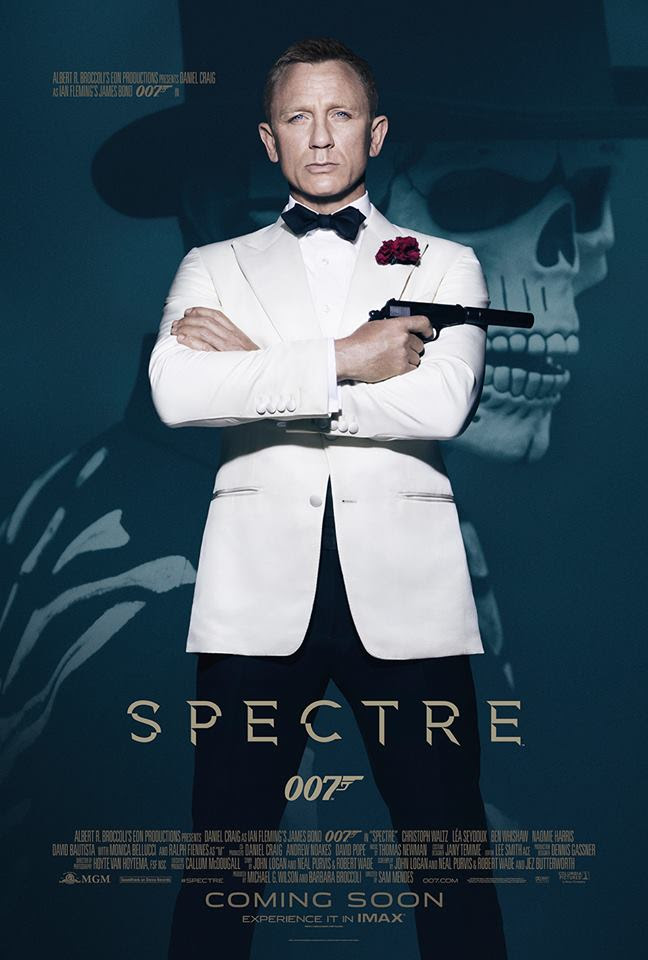 Portraying James Bond, Daniel Craig dons a white tuxedo jacket from Tom Ford for a Spectre movie poster.