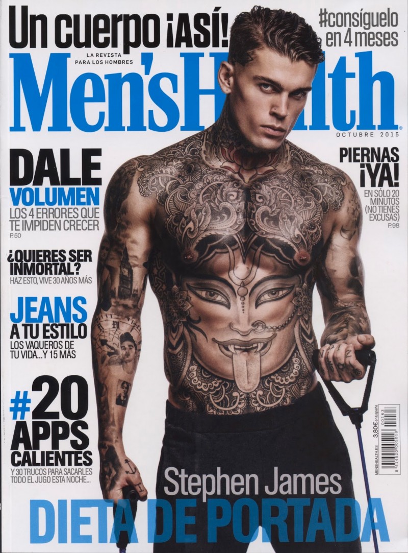 Photographed by Edu Garcia, model Stephen James covers the October 2015 issue of Men's Health España. Stephen goes shirtless, showcasing his amazing tattoos and sculpted physique. 