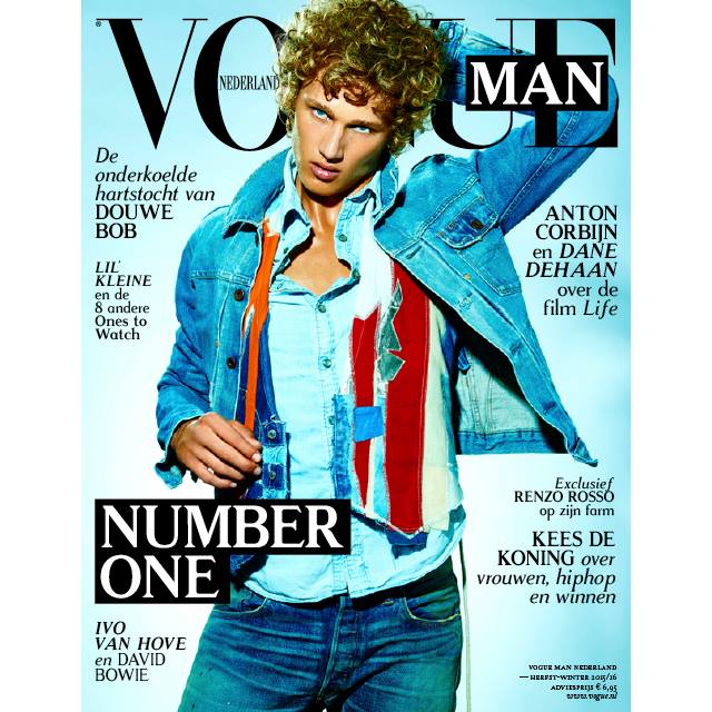 Model Bram Valbracht rocks a fun denim ensemble for the fall-winter 2015 cover of Vogue Netherlands Man. Posing for a relaxed image, Bram was photographed by Philippe Vogelenzang.
