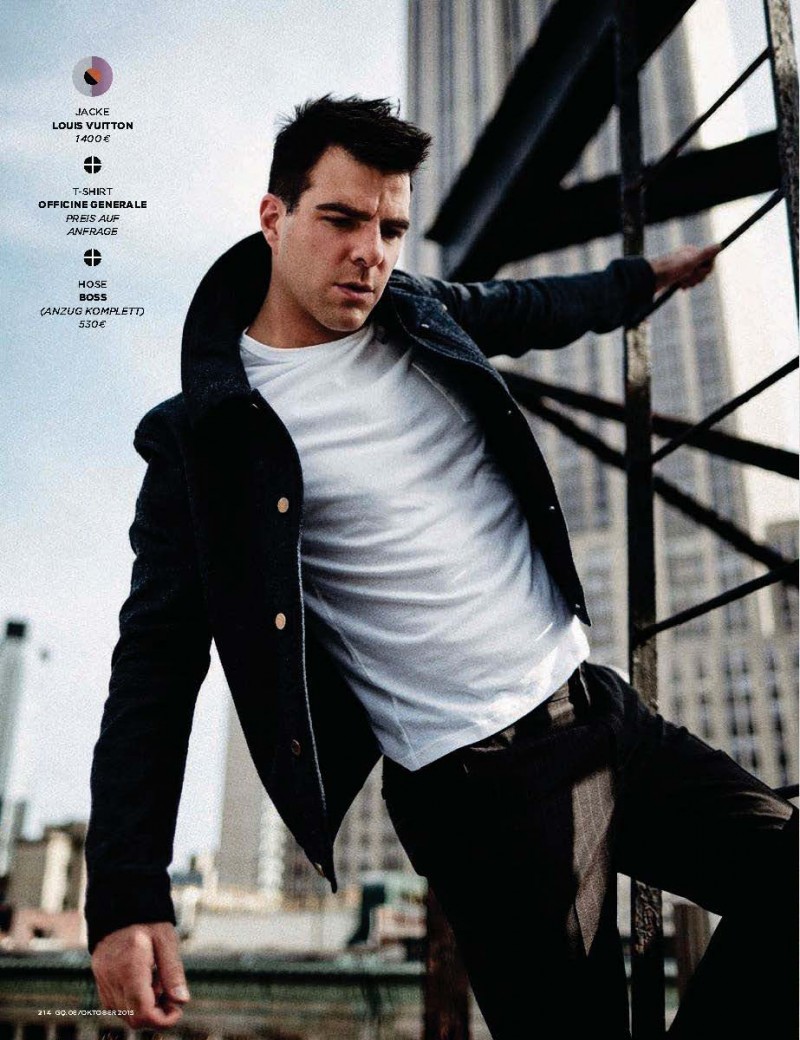 Zachary Quinto stars in a new photo shoot for the October 2015 issue of GQ Germany. Photographed by Billy Kidd, Quinto hits the studio with stylist Santa Bevacqua. Sporting luxurious fall styles, Quinto channels an effortless cool in Louis Vuitton, BOSS by Hugo Boss and other labels.