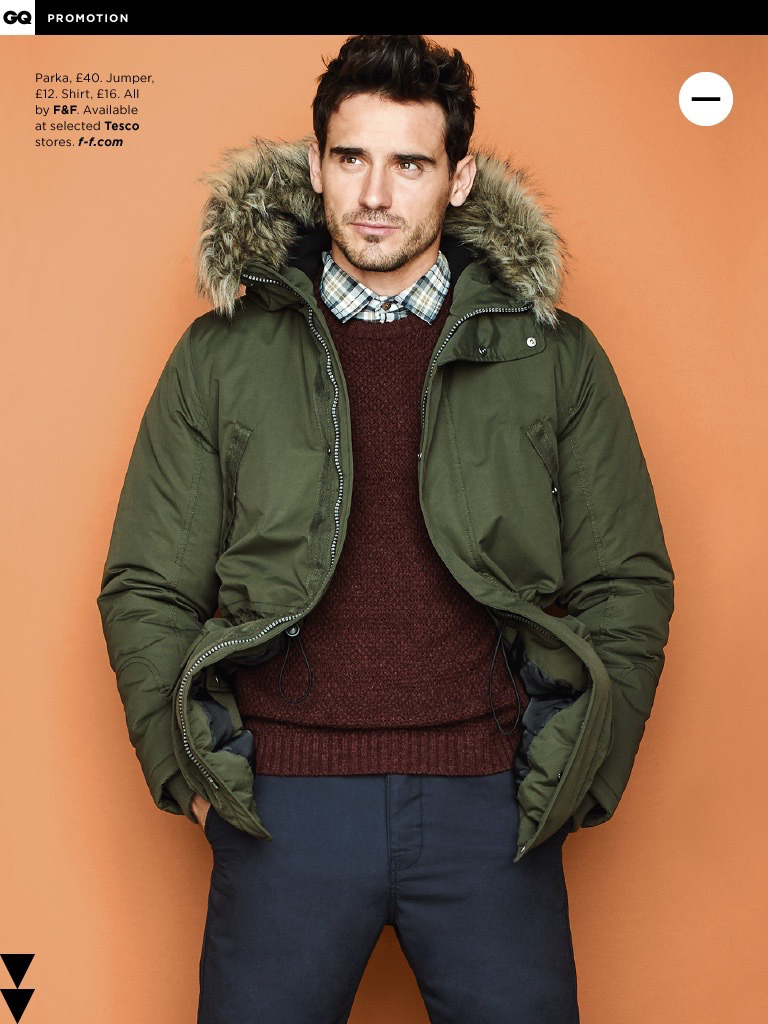 Arthur Kulkov rocks a F&F olive green parka for British GQ.