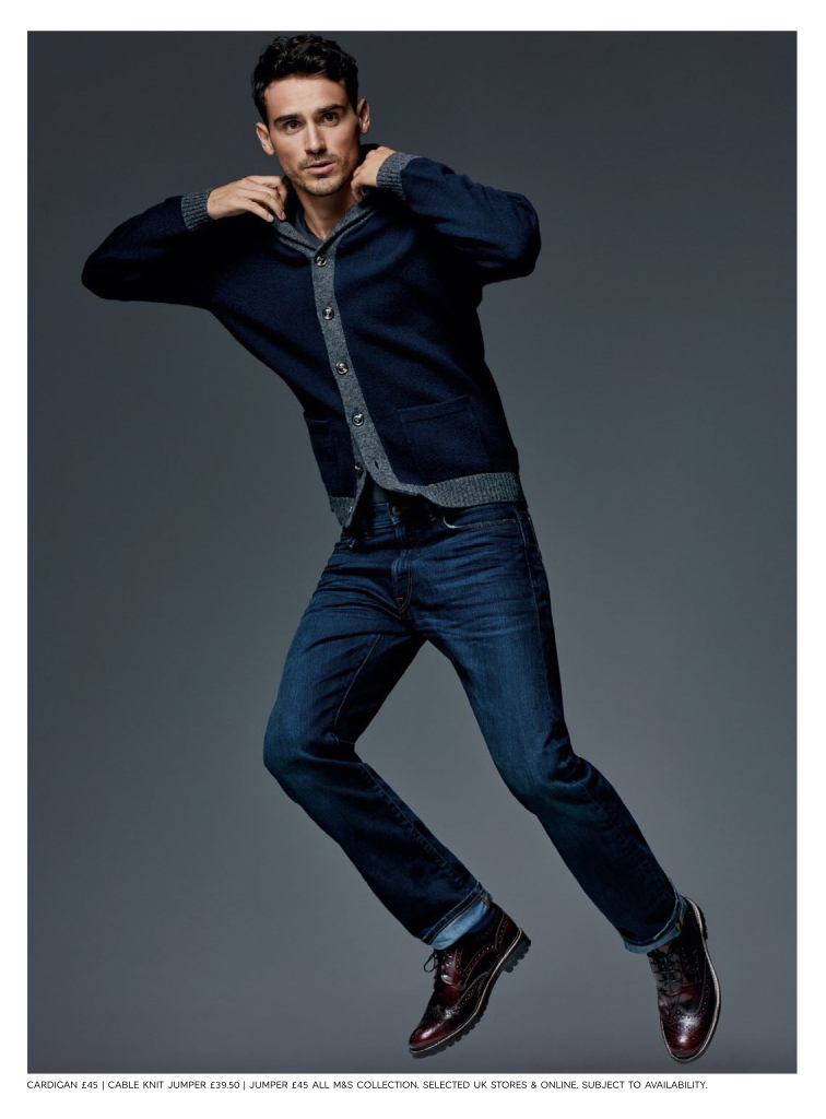 Arthur Kulkov goes casual in denim jeans and a cardigan for Marks & Spencer.