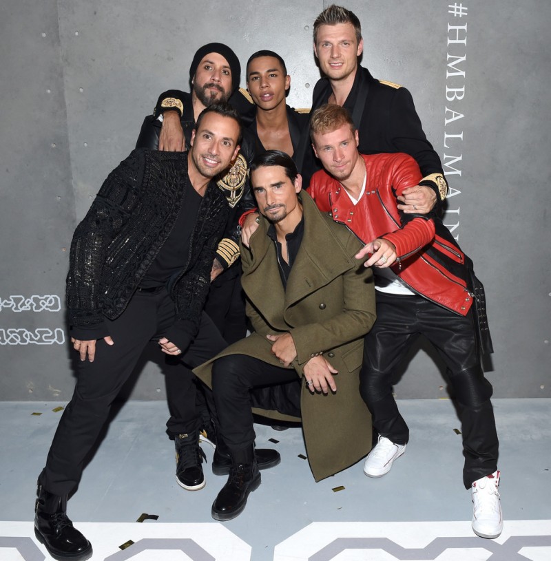 Balmain creative director Olivier Rousteing poses with A.J. McLean, Howie Dorough, Kevin Richardson, Brian Littrell and Nick Carter of the Backstreet Boys.