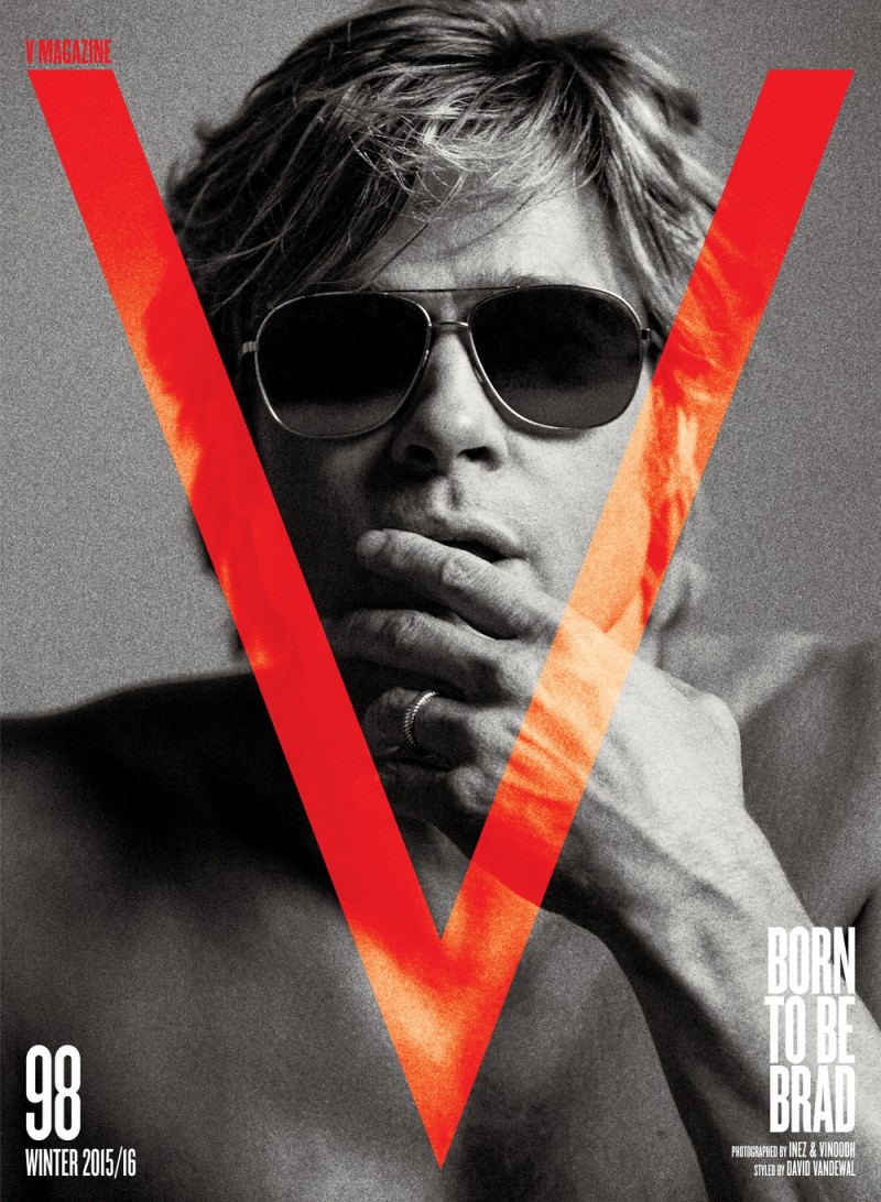 Going shirtless, Brad Pitt rocks aviator sunglasses for an alternate V cover.