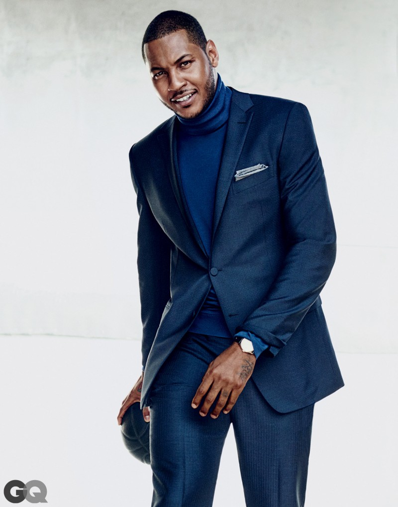 Carmelo Anthony wears a chic turtleneck with his Ermenegildo Zegna Couture suit.