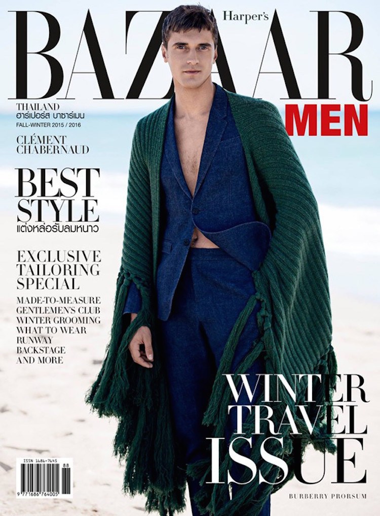 French model Clément Chabernaud lands another cover as he poses for Harper's Bazaar Men Thailand. Appearing on the magazine's fall-winter 2015 cover, Clément is photographed by Lukasz Pukowiec. Hitting the beach for a serene fall visual, Clément wears a look from the fall-winter 2015 collection of Burberry Prorsum.