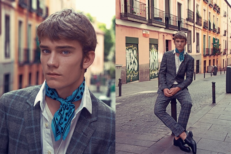 Alex wears t-shirt Adolfo Dominguez, vintage scarf stylist's own, suit and shoes Tommy Hilfiger.