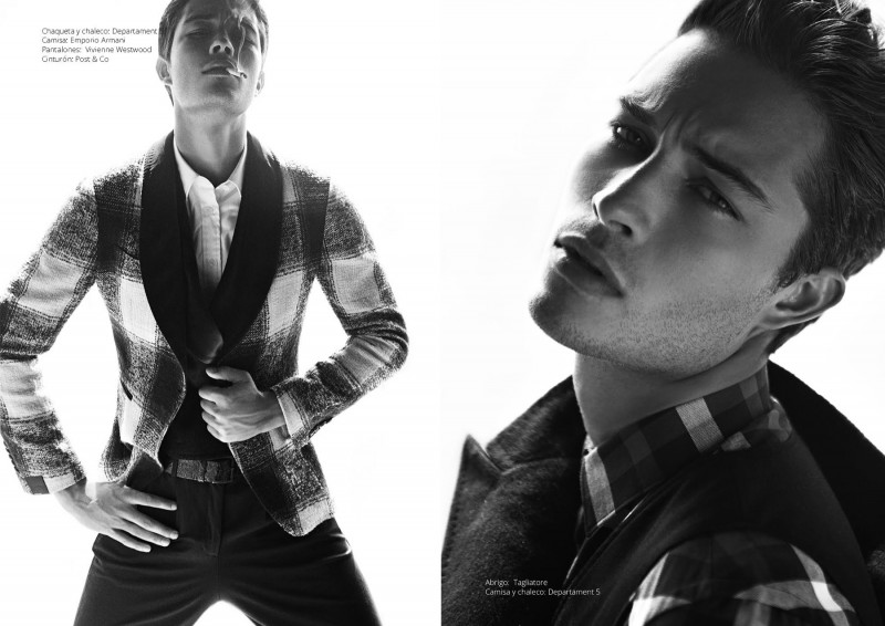 Posing in the studio, Francisco Lachowski wears a check jacket from Department 5.