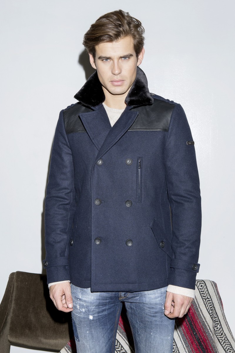 Matt Trethe models GUESS; black and blue peacoat.