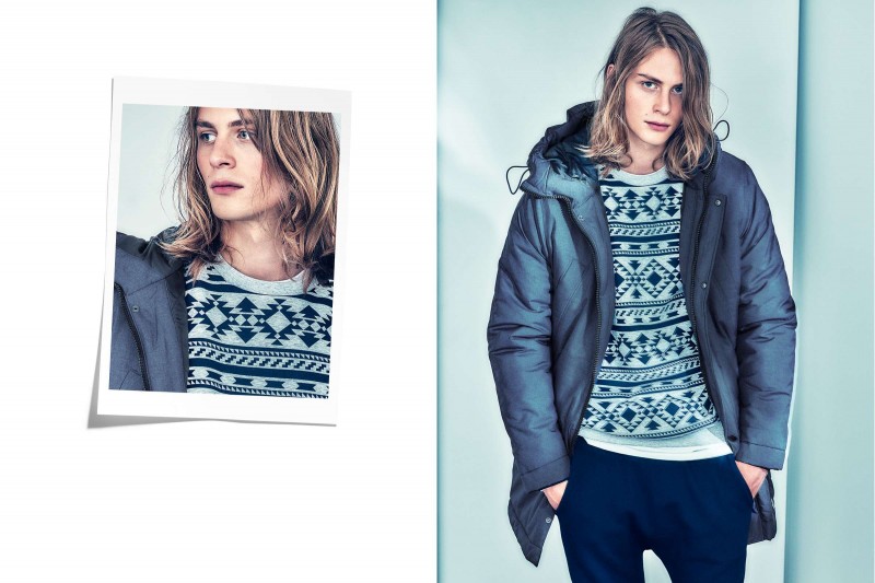Nicolas Wincenc sports H&M's patterned sweatshirt and padded parka.
