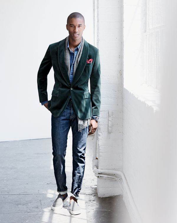 Ready for the holiday season, Claudio Monteiro dons J.Crew's Ludlow shawl collar blazer in velvet.