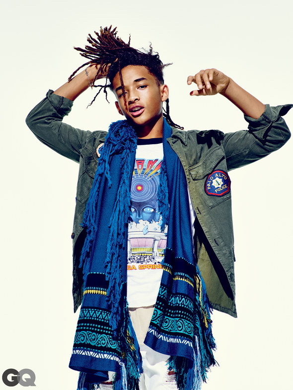 Jaden Smith wears customized jacket Topman, vintage t-shirt Fruition Las Vegas, t-shirt worn underneath John Elliott + Co., jeans Stampd and scarf Burberry Prorsum.