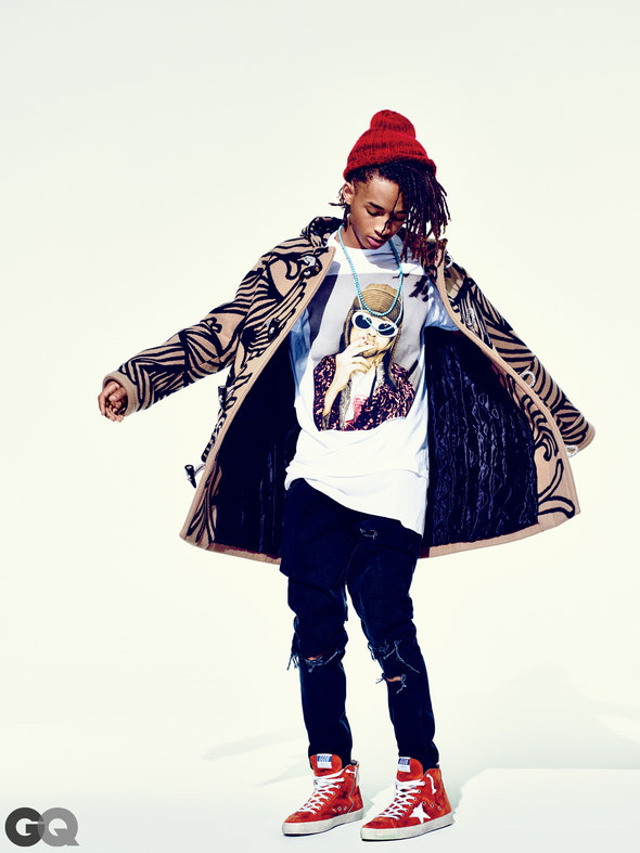 Jaden Smith wears coat Louis Vuitton, t-shirt Urban Outfitters, jeans Topman, sneakers Golden Goose Deluxe Brand, beanie The Elder Statesman and necklaces Degs & Sal and Love Adorned.