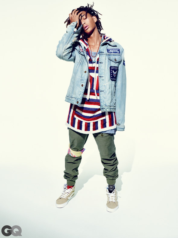 Jaden Smith wears customized jacket NSF, hoodie The Elder Statesman, tank John Elliott + Co., pants Wallace & Barnes by J.Crew, sneakers Vans, socks Stance, bandana Urban Outfitters and necklace Love Adorned.