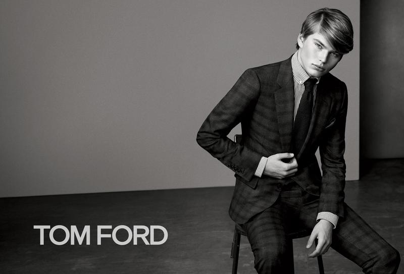 Australian model Jordan Barrett suits up for the fall-winter 2015 campaign of Tom Ford. For the black & white image, Jordan is photographed by Bjorn Iooss with styling by Michaela Dosamantes.