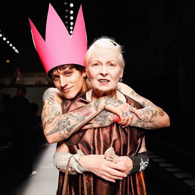 Leebo Freeman and Vivienne Westwood pose for a picture at the designer's spring-summer 2016 show.