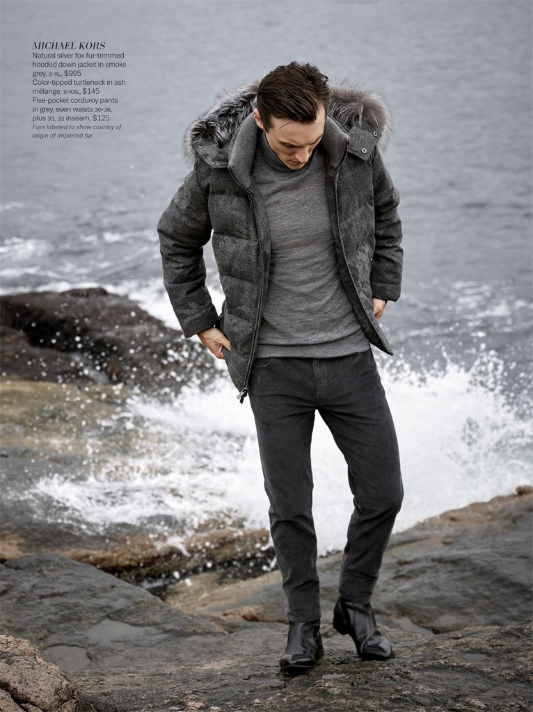 Going luxe, Thomas Gibbons rocks a Michael Kors' silver fox fur-trimmed hooded parka down jacket.