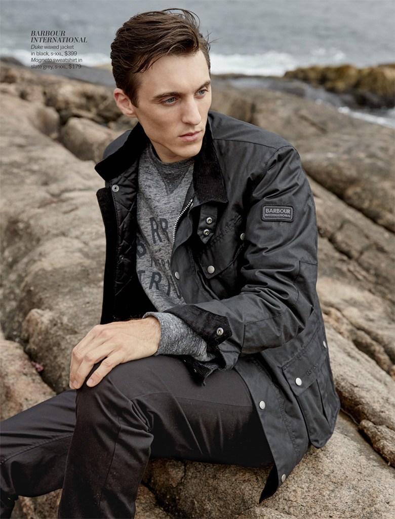 Thomas Gibbons dons a waxed Barbour International jacket.