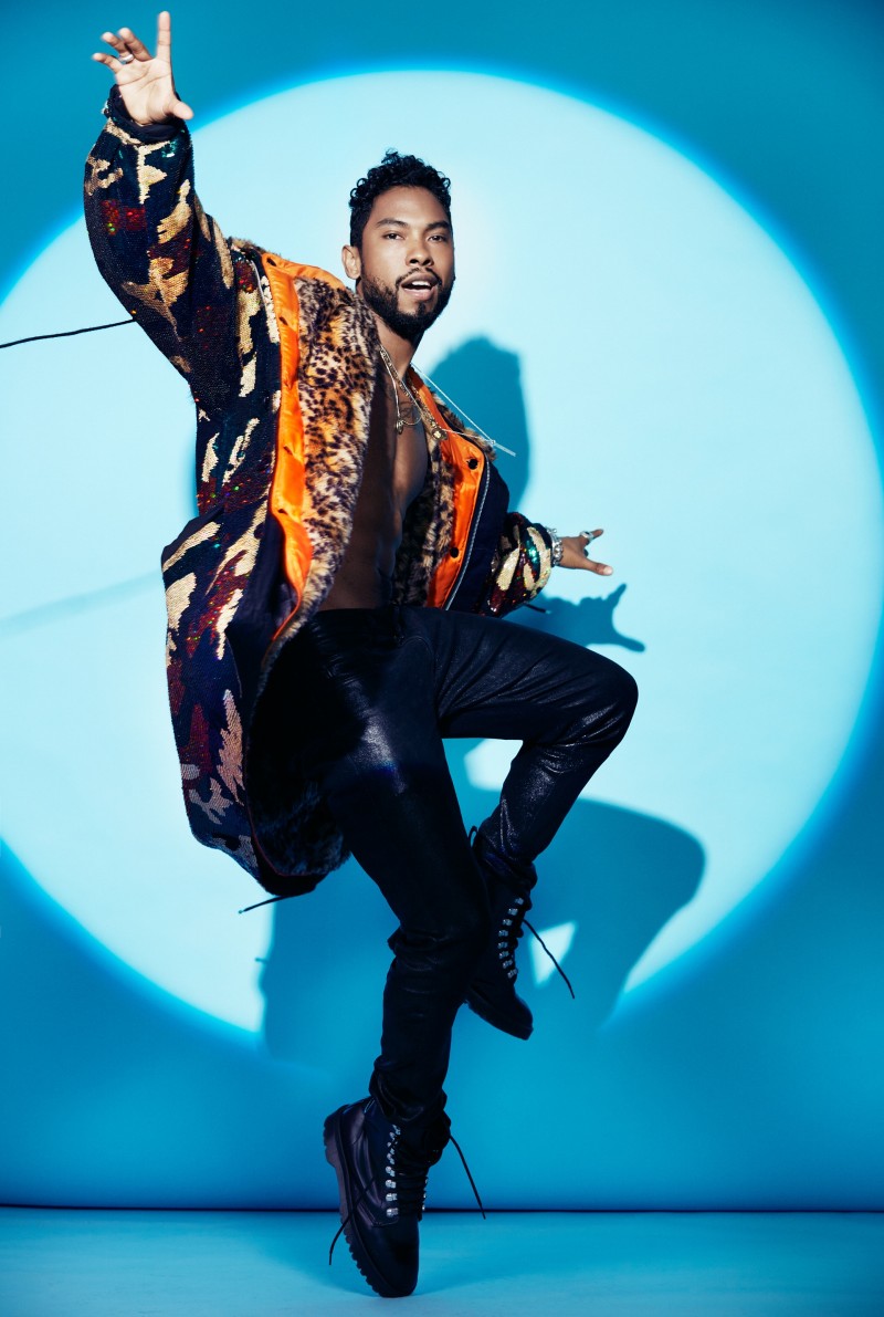 Miguel wears sequined Ashish parka with Haider Ackermann leather pants.