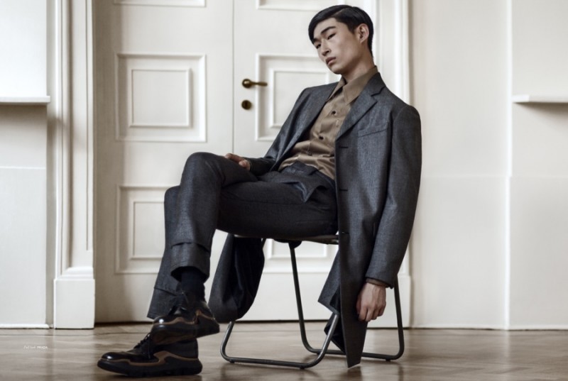 Sang Woo Kim cleans up in a sartorial look from Prada.