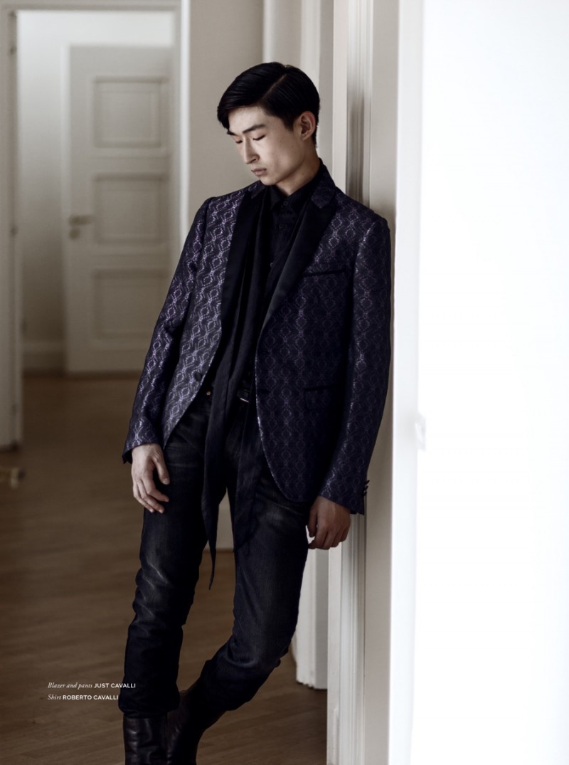 Sang Woo Kim channels a polished rock inspired look from Roberto Cavalli and Just Cavalli.