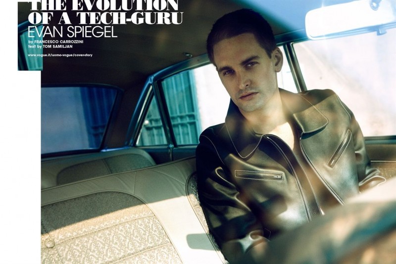 Evan Spiegel rocks a leather jacket from Louis Vuitton for L'Uomo Vogue.