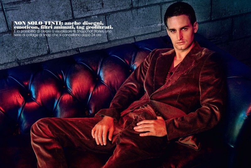 Evan Spiegel relaxes in a corduroy look from Bottega Veneta. » Snapchat's Evan Spiegel Impresses in L'Uomo Vogue Shoot Evan Spiegel relaxes in a corduroy look from Bottega Veneta.