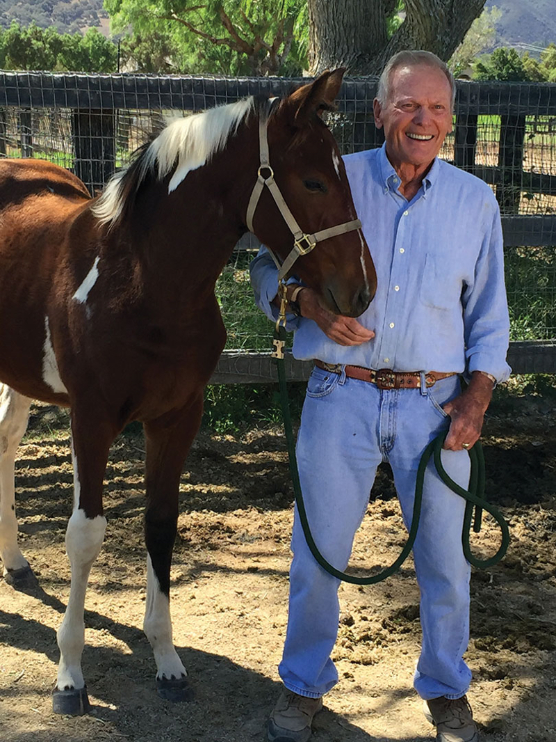 Photographed today, Tab Hunter poses with a horse.