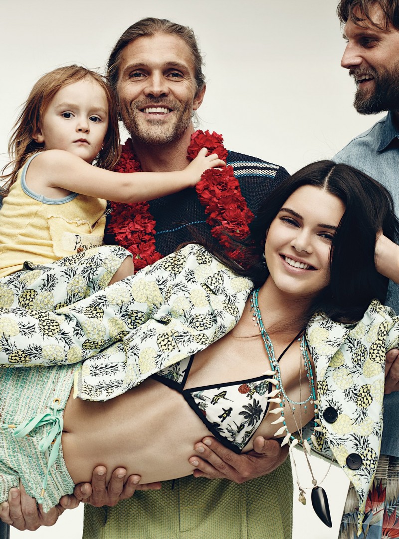 Designer Thaddeus O'Neil and his son Cassius are photographed with models Kendall Jenner and RJ Rogenski.