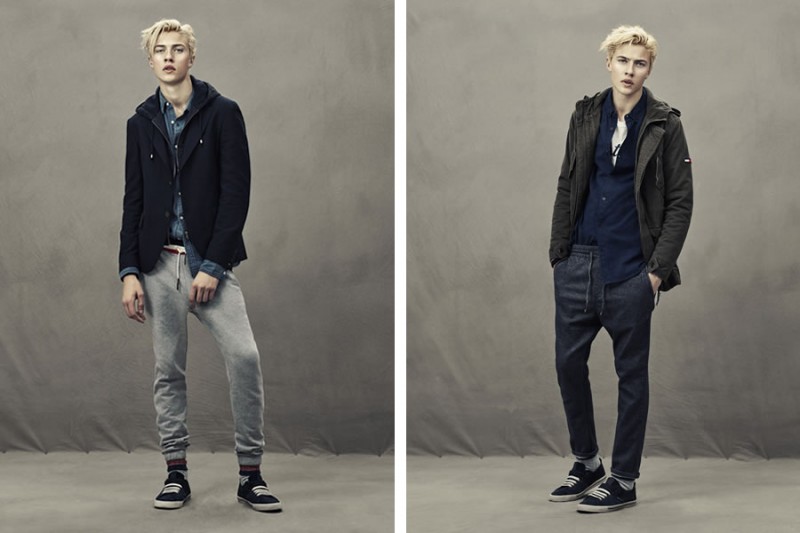 Lucky Blue Smith shows off Tommy Hilfiger's casual flair in joggers and distressed denim jeans. 