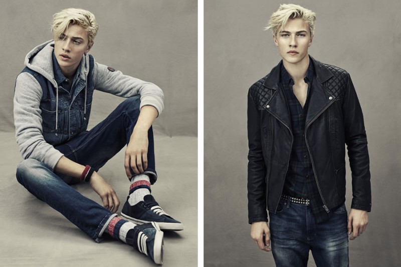 Pictured right, Lucky Blue Smith is a cool vision in a leather jacket featuring quilted details.