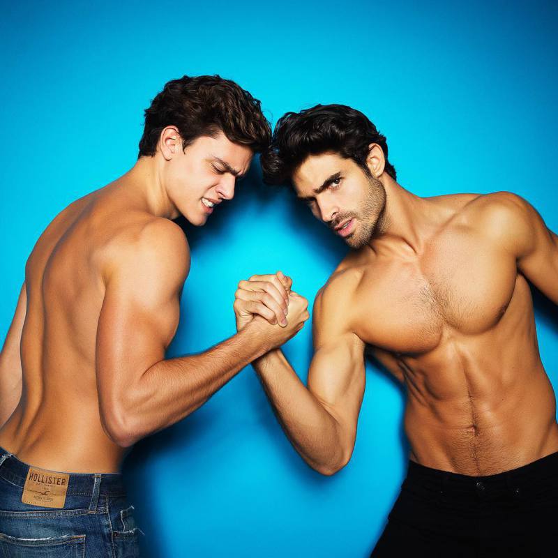 Models Xavier Serrano and Juan Betancourt arm wrestle