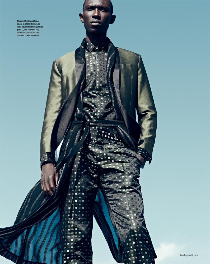 Armando looks to Valentino for a printed silk ensemble, finished with a Dsquared2 tuxedo jacket.