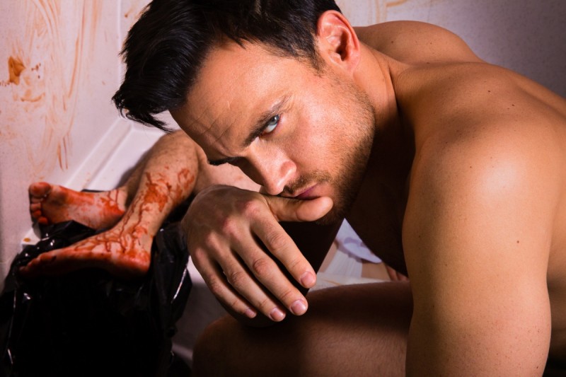 Cheyenne Jackson goes shirtless for a sinister shot lensed by photographer Myles Pettengill.