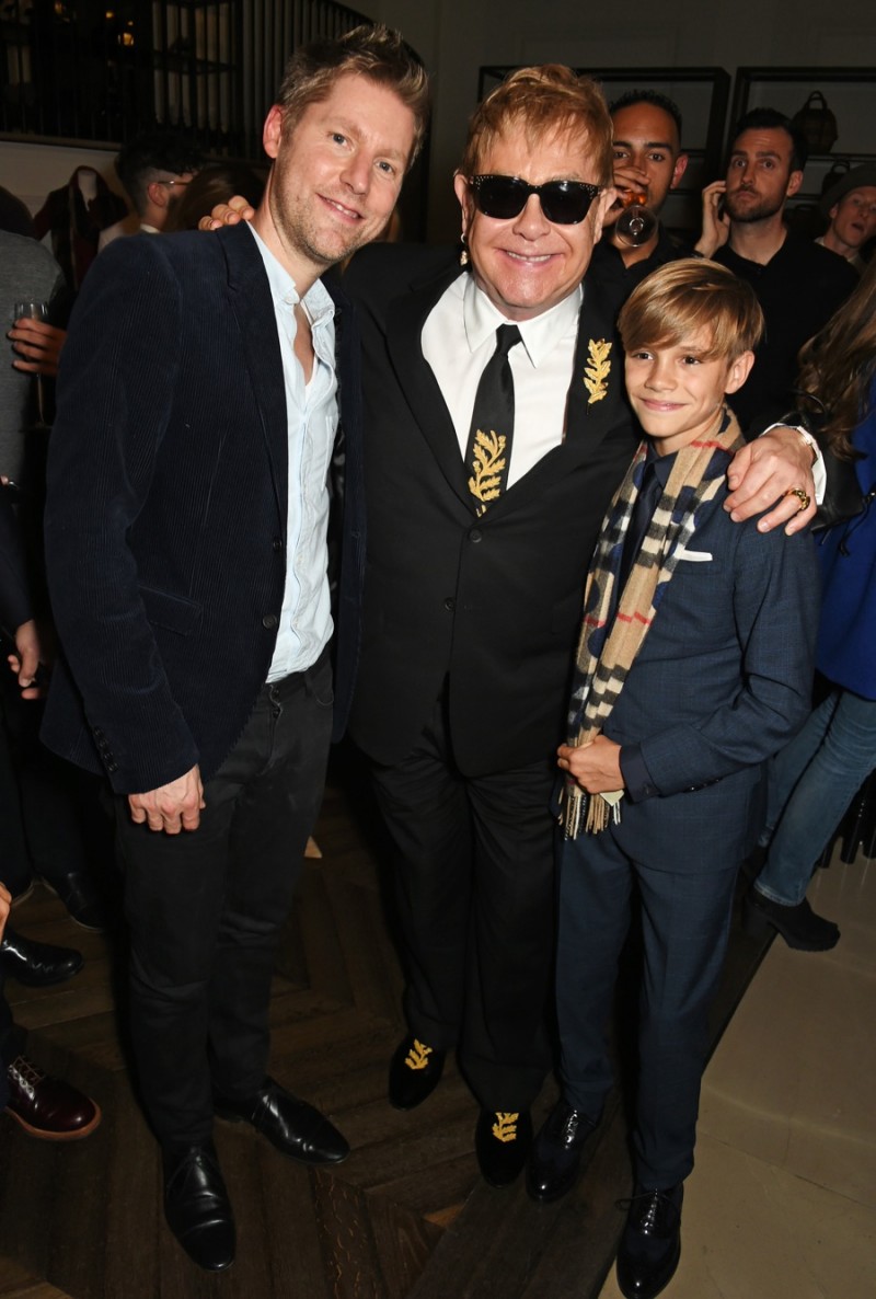 Christopher Bailey, Elton John and Romeo Beckham at the premiere of Burberry's Festive film.
