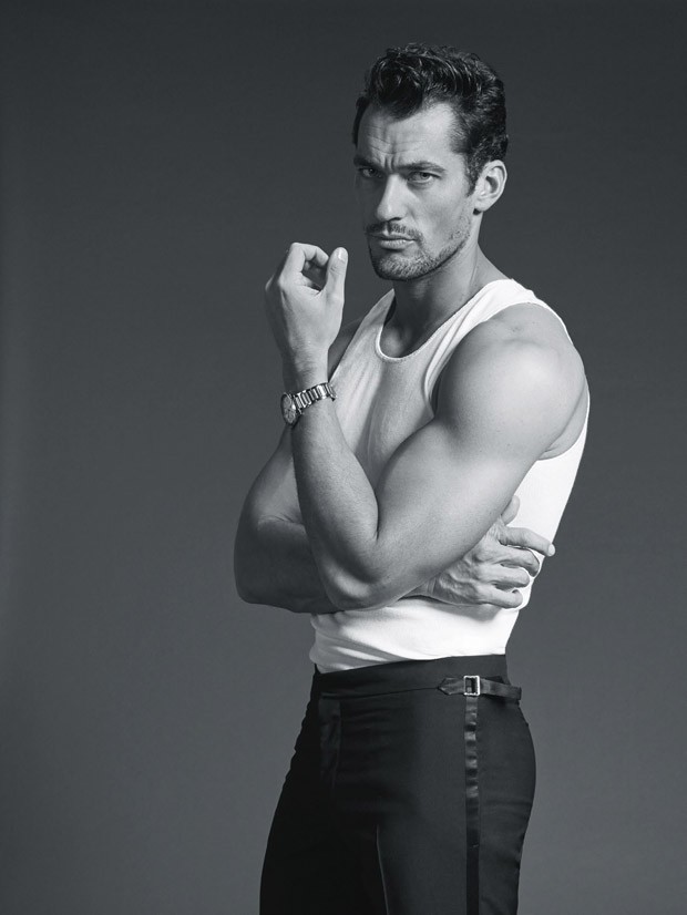 David Gandy wears singlet Bonds and trousers Louis Vuitton.