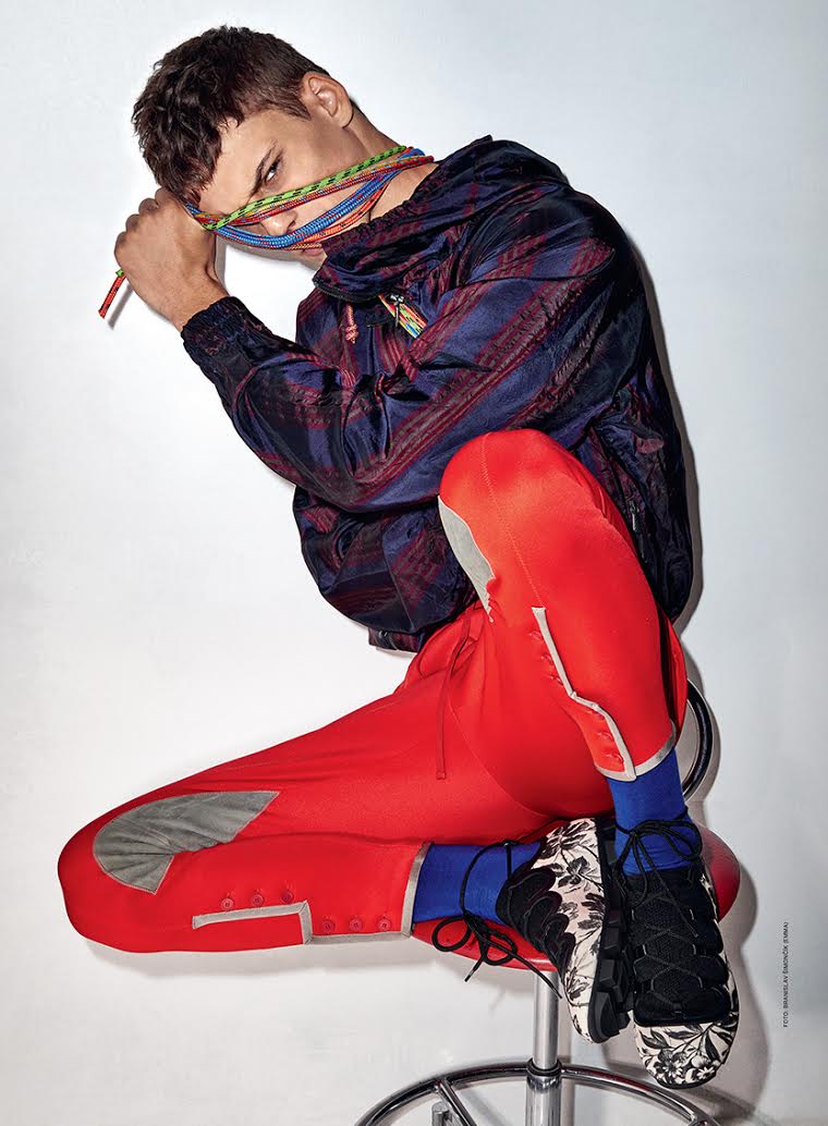 Model David Trulik wears Bottega Veneta's campaign look for an editorial in Elle Man Czech.