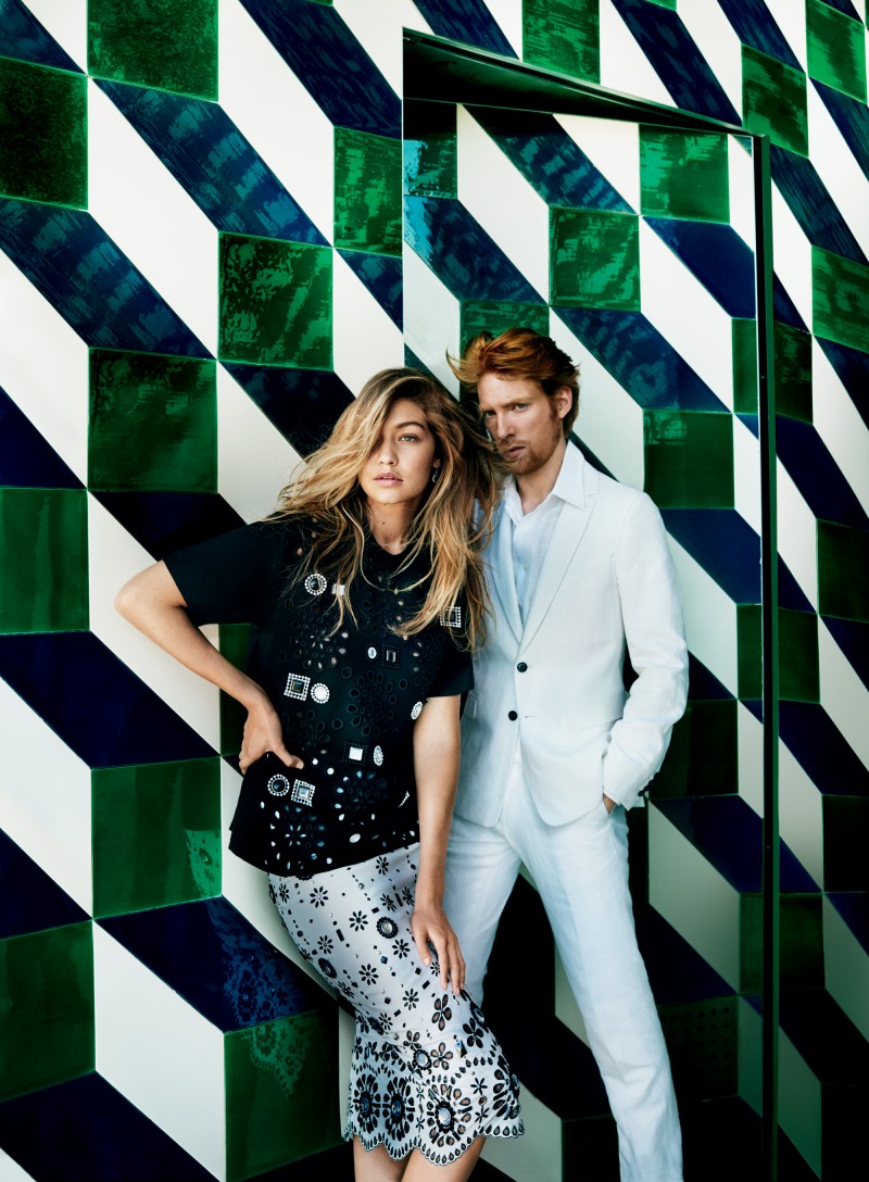 Domhnall Gleeson and Gigi Hadid pose for the lens of photographer Mario Testino.