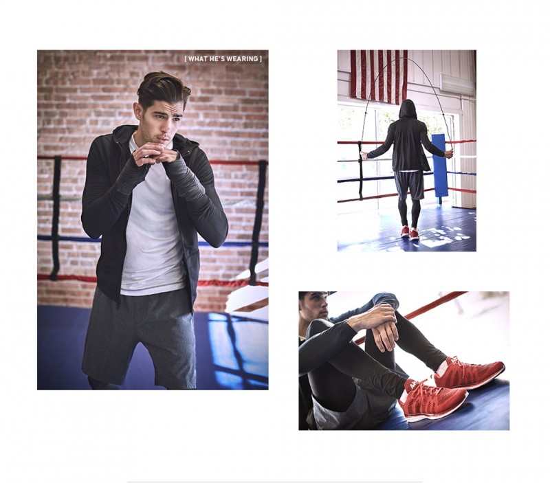 Reigning Champ full zip hoodie, Calvin Klein Underwear long johns, APL: athletic Propulsion Labs running sneakers, Rhone active tee and shorts.