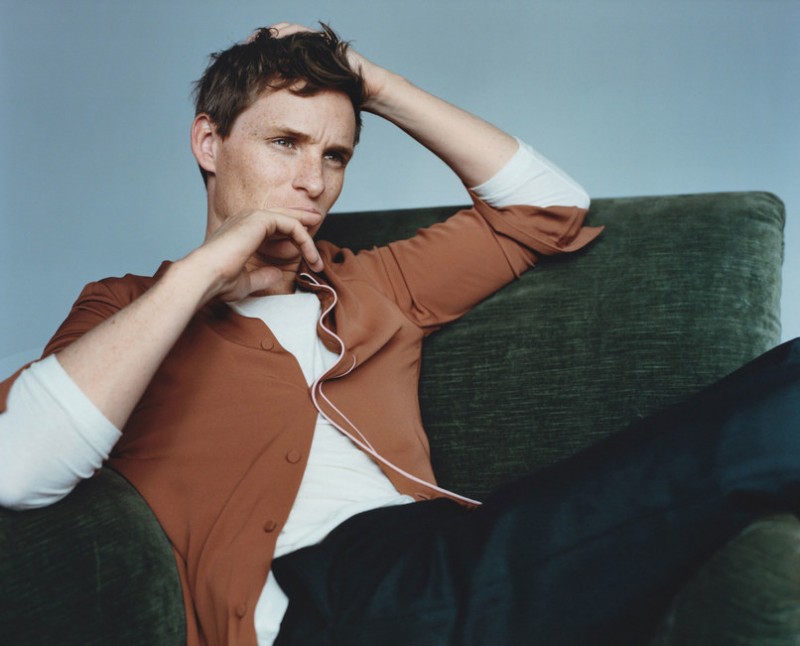 Eddie Redmayne wears long-sleeve top T by Alexander Wang, shirt and trousers Gucci.