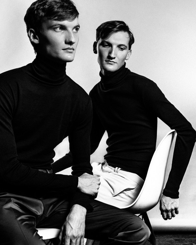 Left to Right: Aiden wears turtleneck H&M and trousers Reiss. Connor wears turtleneck H&M and trousers Zara.